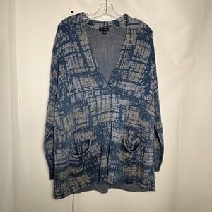 Indigo Pure Jill Petite M Blue Tan Abstract Print V Neck L/S Sweater Cardigan